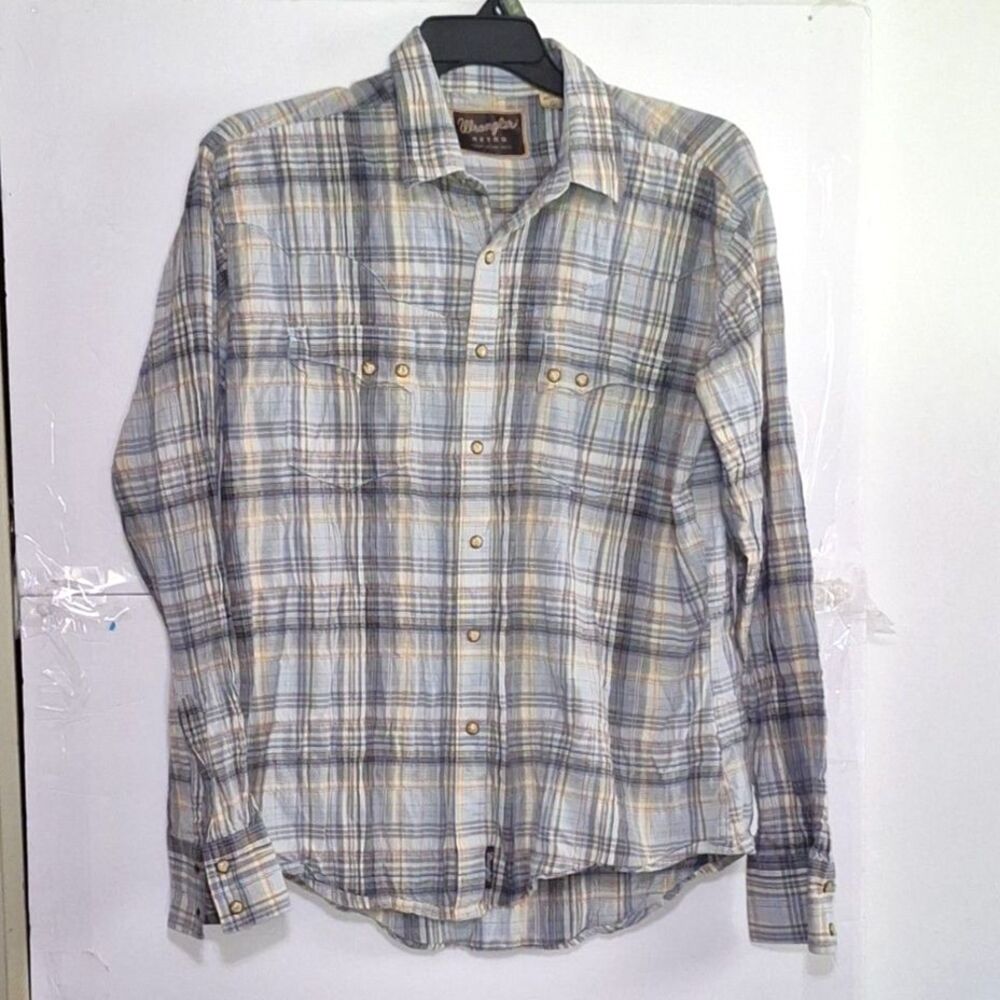 A Wrangle Retro Men's Shirt Pearl Snap Western Cowboy Rodeo Gray Plaid L